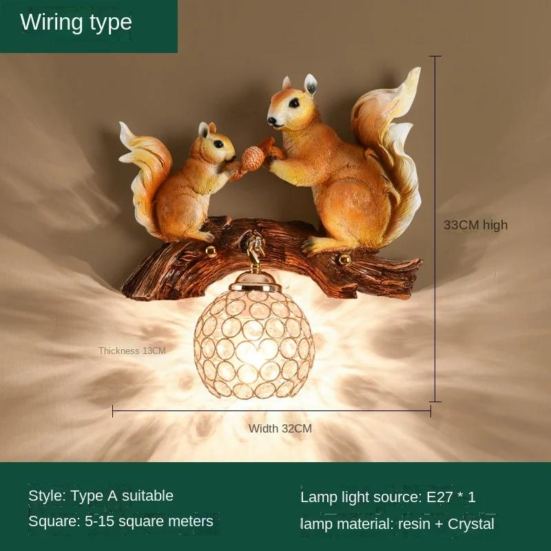 Nordic Style Resin Squirrel Crystal Led Wall Lamp Vintage Loft Decor Bedroom Bedside background Sconce Art Hallway Wall Lights