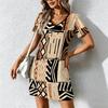 Summer Fashion Women's V Neck Short Sleeve Retro Geometric Pattern Printed  Dress Sex Short Skirt Dresses