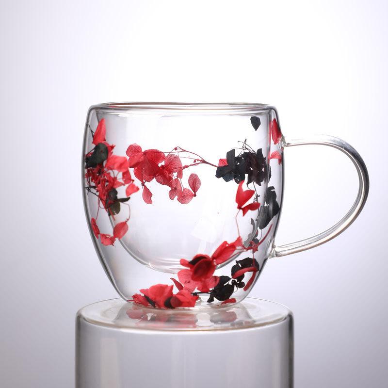 Fillings Dry Flowers Double Wall Glass Cup With Handle Heat Resistant Hot Cold Beverage Tea Coffee Insulated Mug Creative Gift