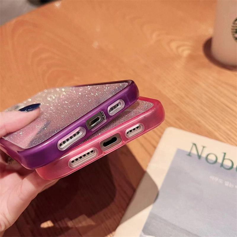 Luxury Gradient Color Glitter Paper 2-in-1 Case for iPhone 15 Pro Max 14 13 12 Pro 11 Full Cover with Glitter Lens Film Cover