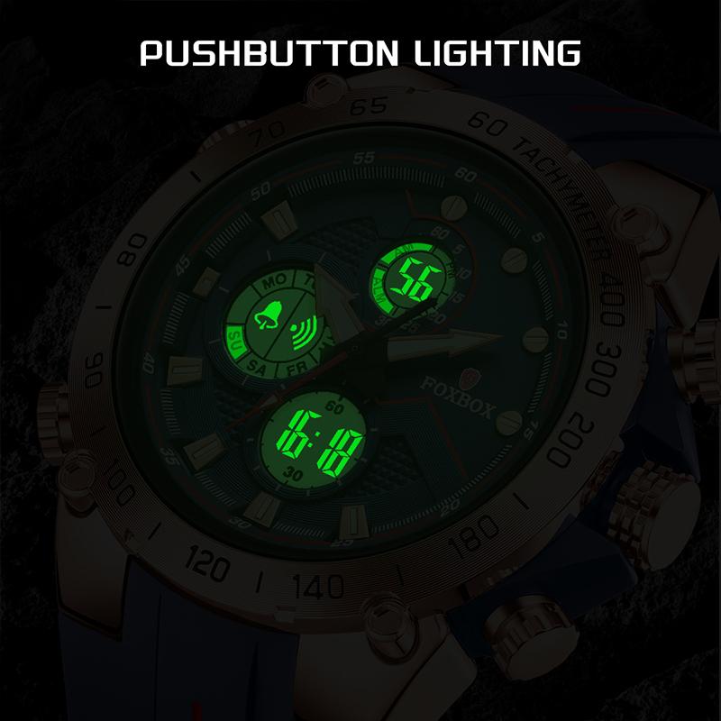 FOXBOX NEW Sports Men's Watches Military LED Dual Display Luminous Quartz Fashion Clock Waterproof Watches for Men Reloj