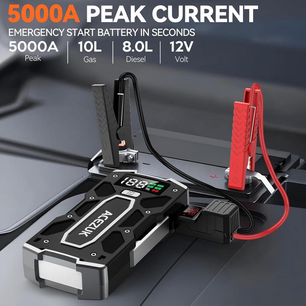 Battery Jump Starter 5000A, Portable Car Starter with Smart Cables, Large Display, Quick Charge, LED Light