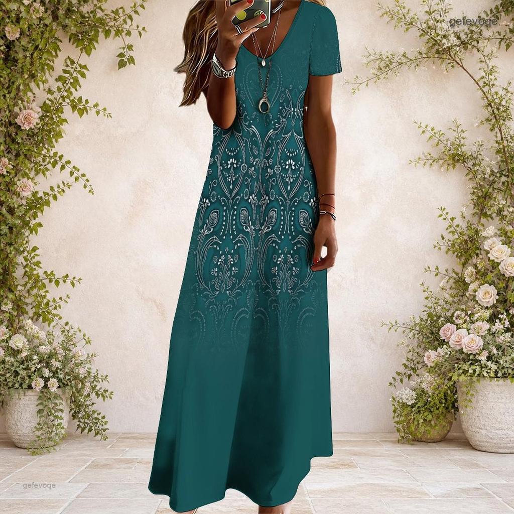 Women Plus Size V Neck Short Sleeve Black Printed Straight Maxi Dress