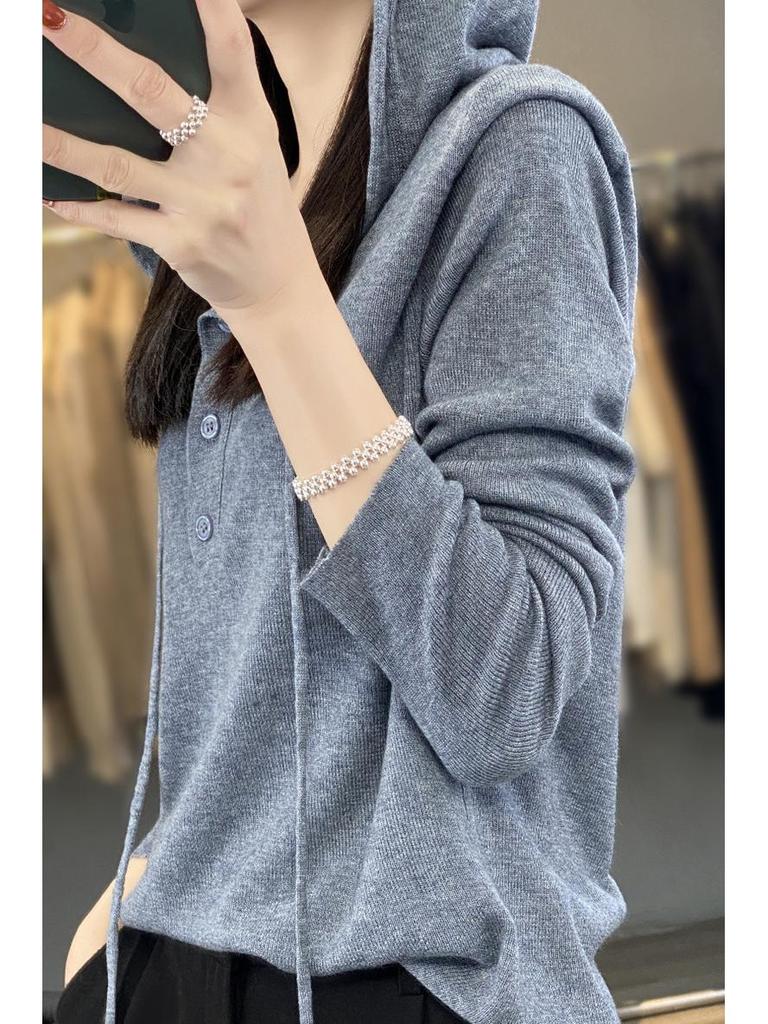 Spring & Autumn Wool Hoodie: Casual, Lazy-Style Knitted Sweater, Slimming Button-Up, Versatile for Women