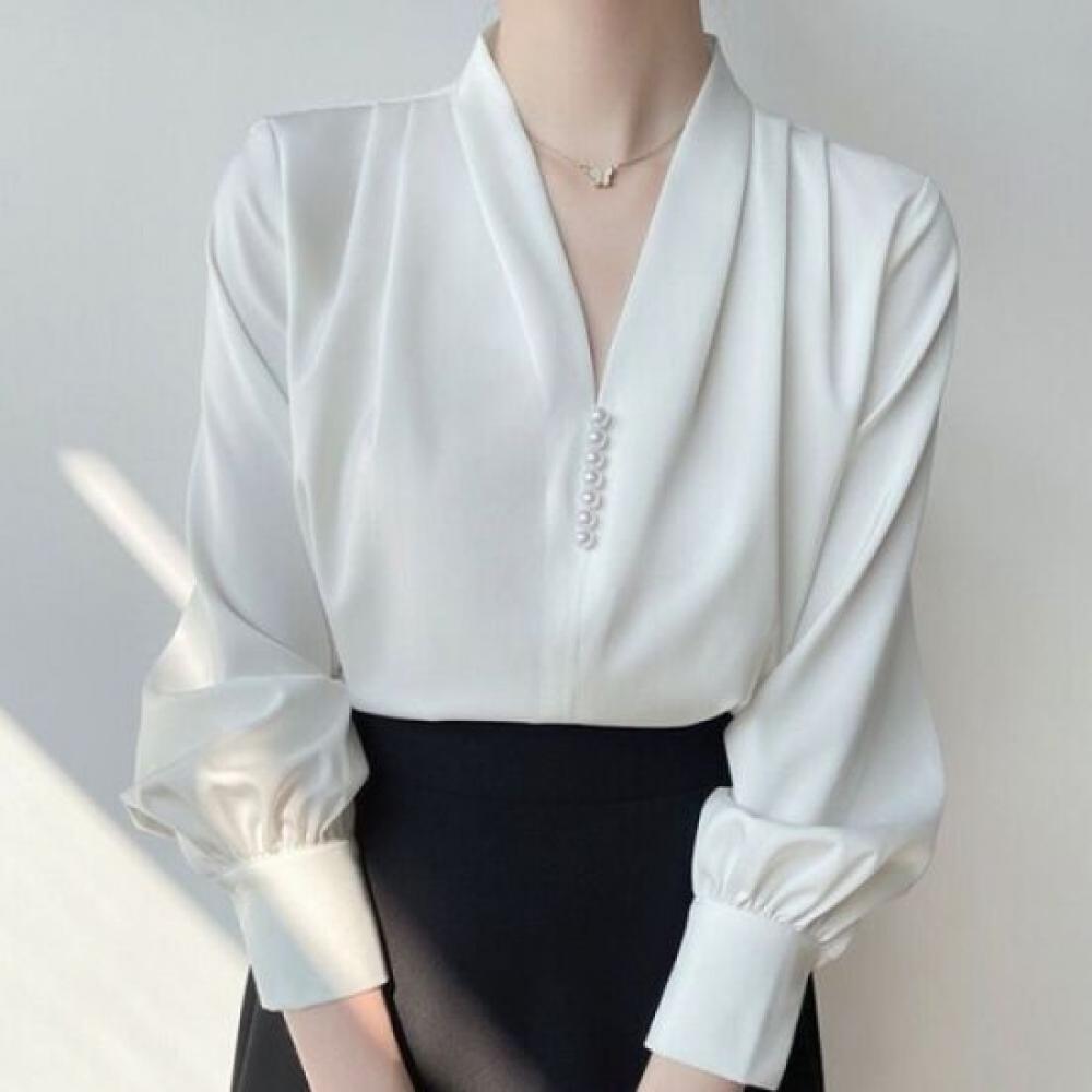 NaVaVa Office Pearl V Neck Long sleeVe Blouse Nb3005