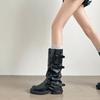 Super soft stack knight pleated boots retro medium tube belt buckle thick sole heightening trouser boots 2025 autumn and winter new
