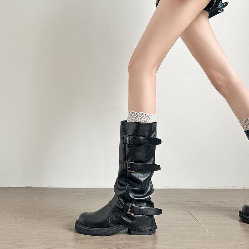 Super soft stack knight pleated boots retro medium tube belt buckle thick sole heightening trouser boots 2025 autumn and winter new