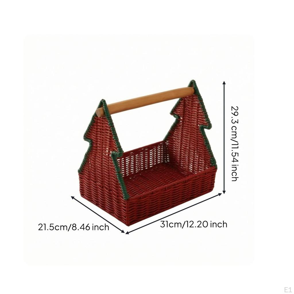 Woven Basket with Wooden Handle Handwoven Christmas Tree Festive for Holiday Gifting,