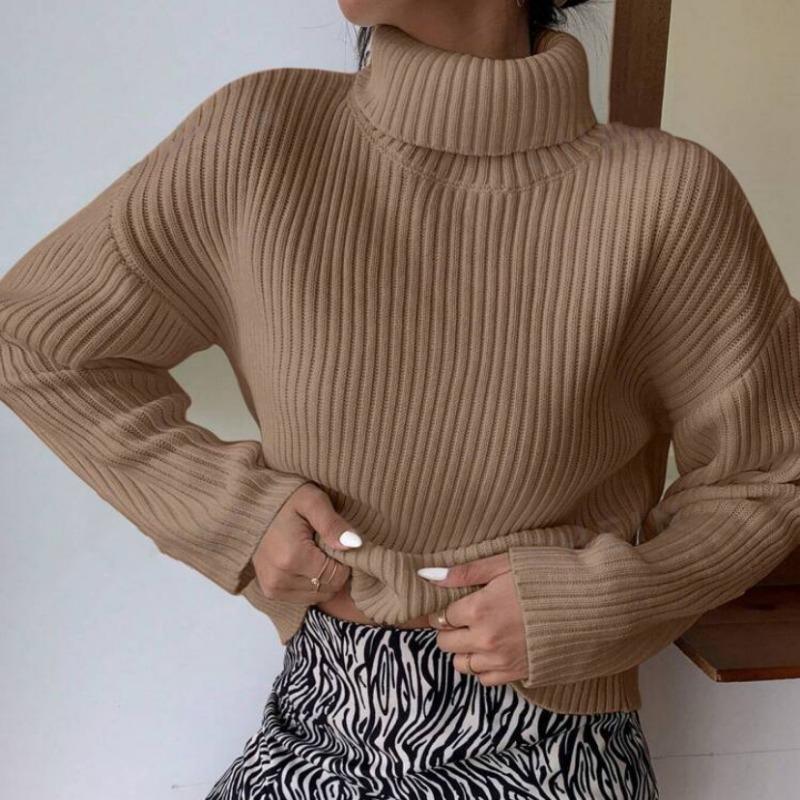 

Turtleneck women s autumn and winter women s clothing solid color pit strip short long-sleeved knitted bottoming shirt women s tide S хаки