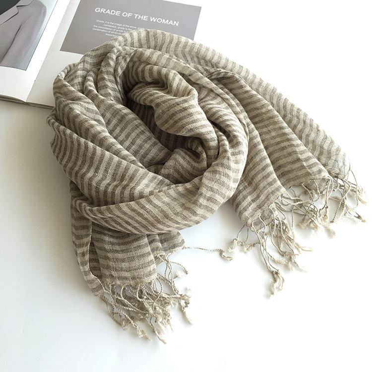 Linen Primary Color Dark Striped Couple Scarf Natural Men'S Lengthened Fringed Linen Scarf Japanese And Korean Popular Silk Scarf