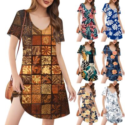 Women's Fashion Casual Printed With Pockets Bohemian Beach V-Neck Short Sleeve Dresses