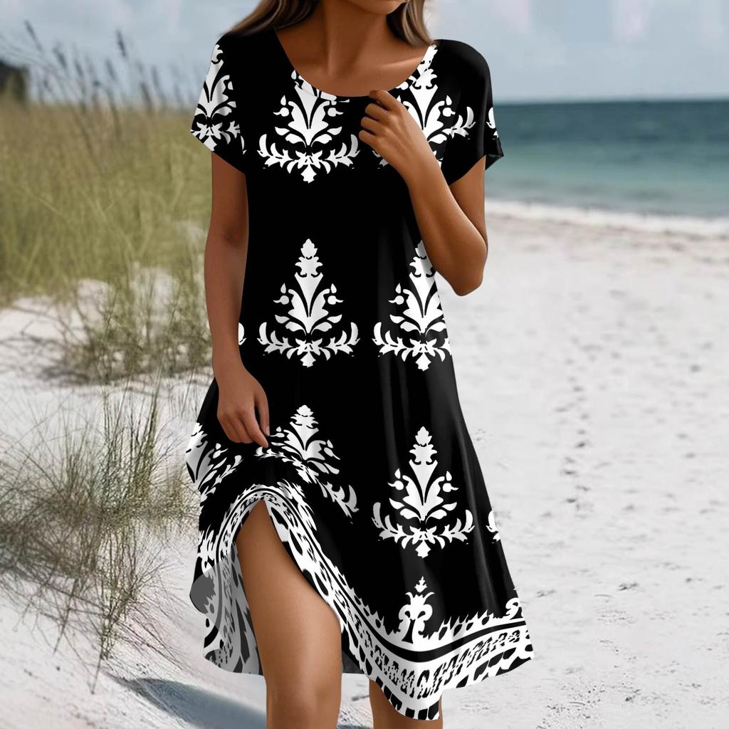 Women's Summer Short Sleeve Round Neck Floral Print Bohemian Dress With Pockets