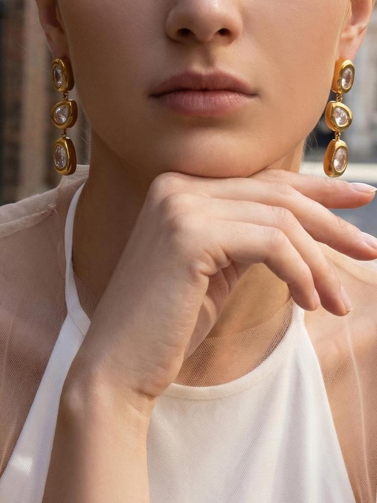 European Niche Design Zircon-Inlaid Water Drop Tassel Earrings, 18K Gold-Plated Stainless Steel