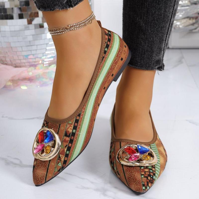 Damen Mittelgröße Metallschnalle Niedriger Absatz Graffiti Spitzschuh Tiefe Ausschnitte Ballerinas Retro Römischer Stil Neue Herbstschuhe