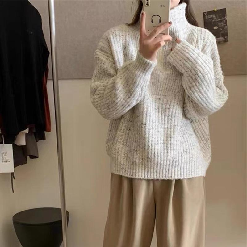 Retro Simple Half Zipper Lapel Knitted Sweater Women's Autumn and Winter New Flower Thread Soft Waxy Gentle Pullover Sweater Tide