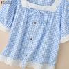 ZANZEA Women Lace Splice Square Collar Casual Short Sleeve Grid Print Blouse