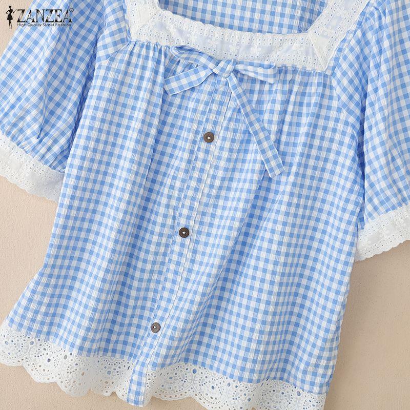 ZANZEA Women Lace Splice Square Collar Casual Short Sleeve Grid Print Blouse
