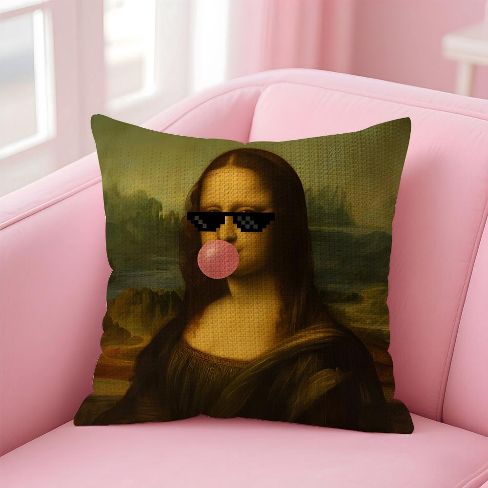 Modern Art Funny Mona Lisa Cushion Cover Natural Linen Pillow Case DoubleSided Print Decorative Sofa Pillowcase Home Decor Gift