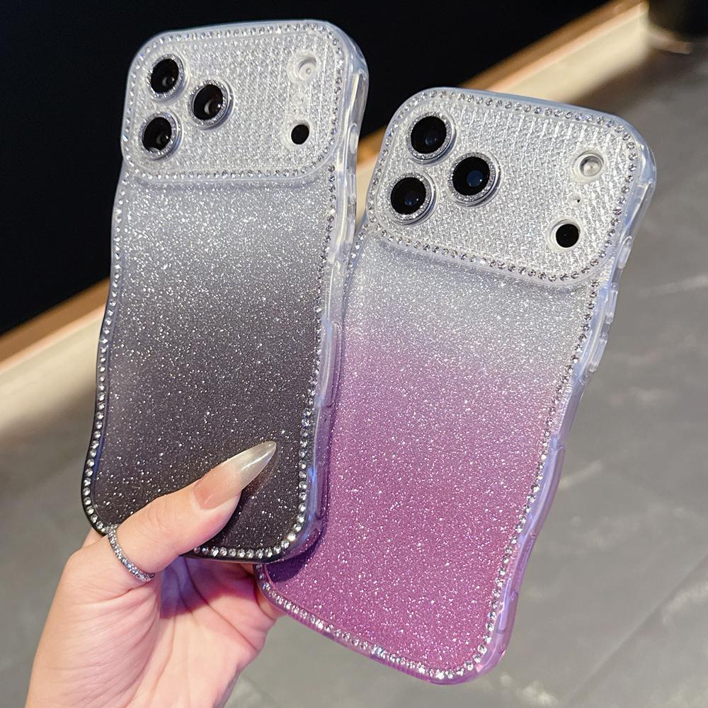 KEYSION Gradient Glitter Jewelled Phone Case for iPhone 16 17 Pro Max Air 16 Plus Wavy Border Lens Protector Shockproof Cover