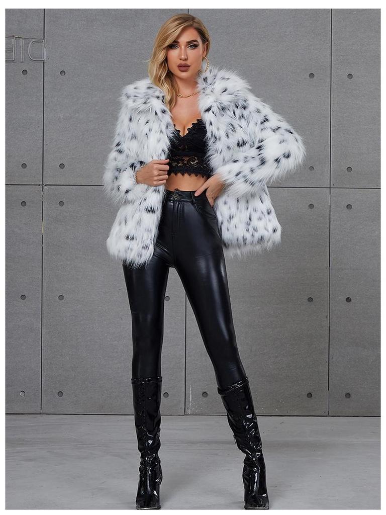 Women's Faux Fur Lynx Leopard Print Coat with Turn-Down Collar - Stylish Faux Fox Fur Jacket
