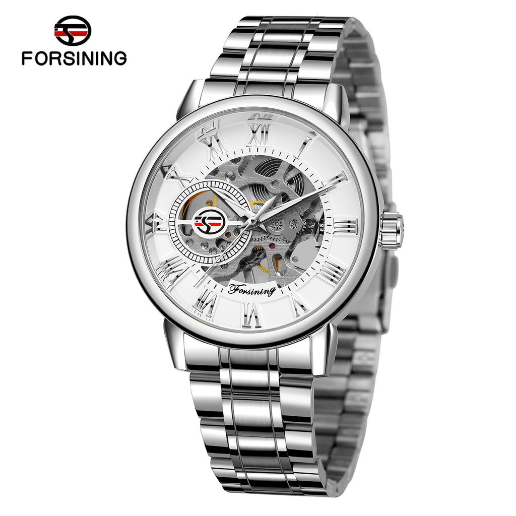 Forsining Men'S Fashion Casual Steel Belt Roman Hollow, Mechanical Watch