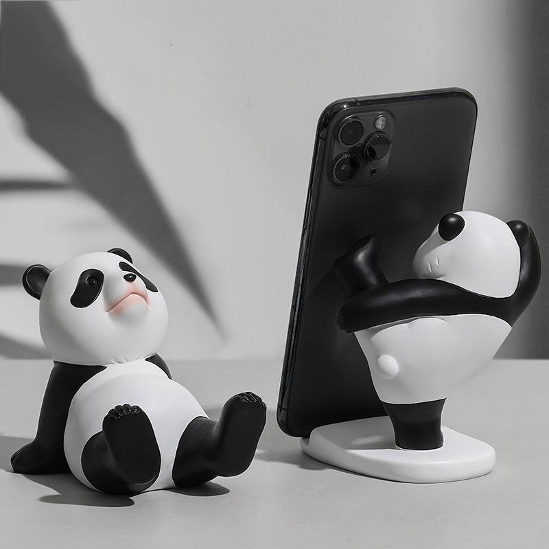 Universal Cute Panda Mobile Phone Holder Stand Modern Resin Sculpture Statue Home Office Desk Decoration