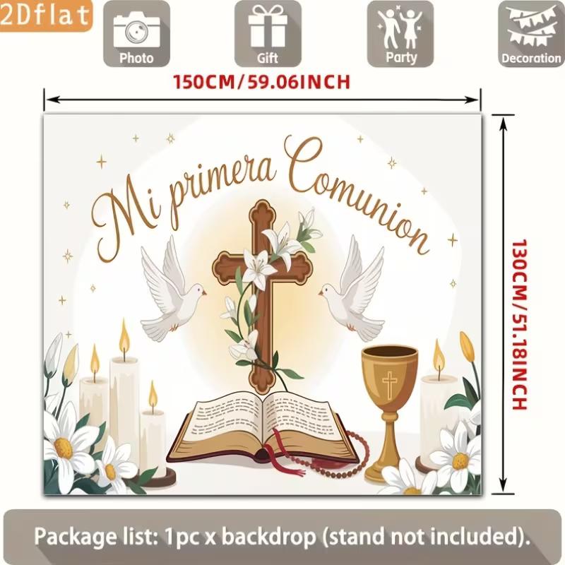 2D Weißgold Meine Erste Kommunion Hintergrund Kreuz Kerze & Lilie Religiöser Partyhintergrund