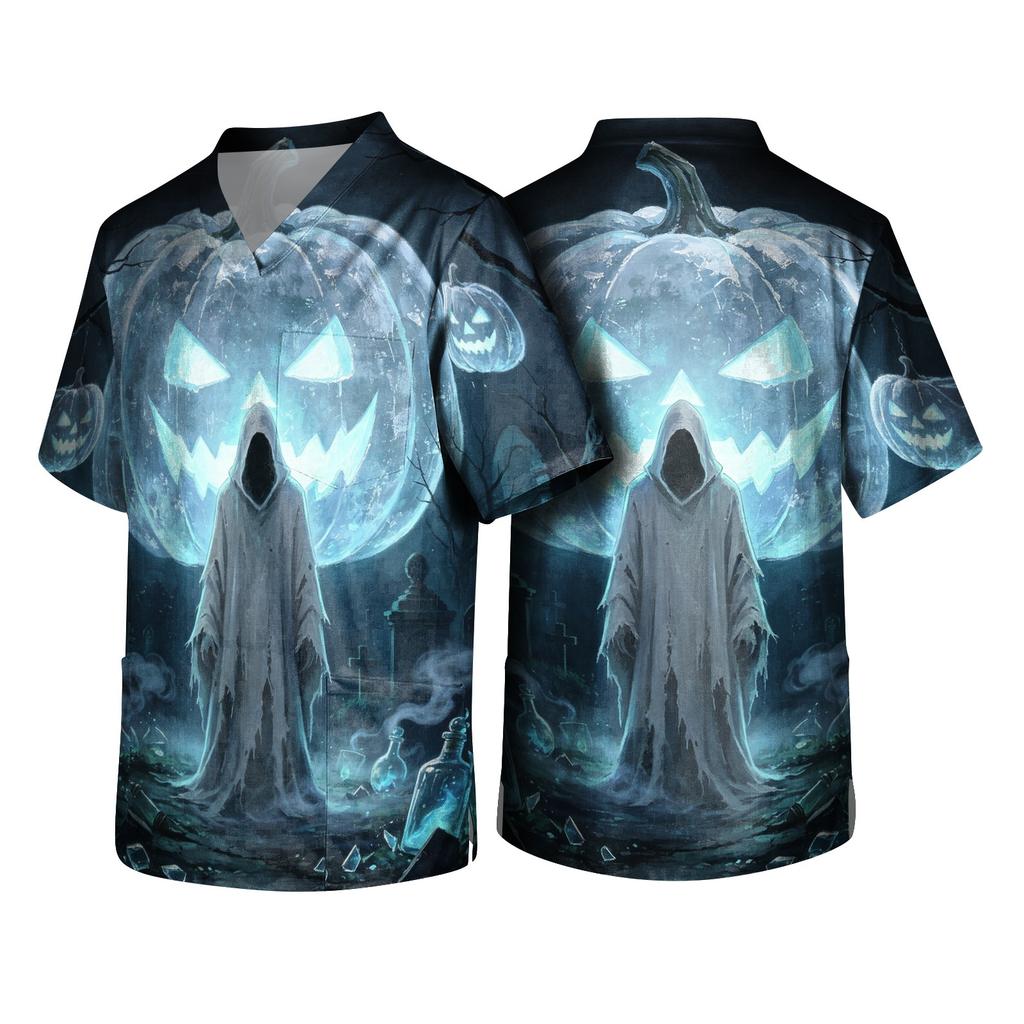Men's Halloween Print V-Neck Short Sleeve Pocket Scrub Top for Caregiver Uniform