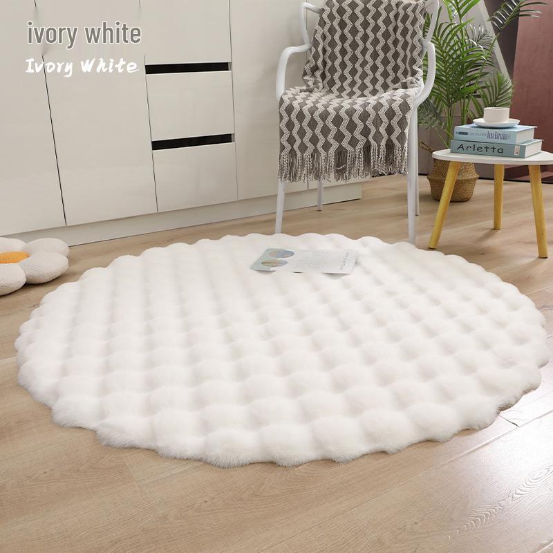 

Круглый коврик из искусственного кроличьего меха кремового цвета - Плюшевый коврик из флиса-пузырьков для спальни или эркера 70cm Diameter