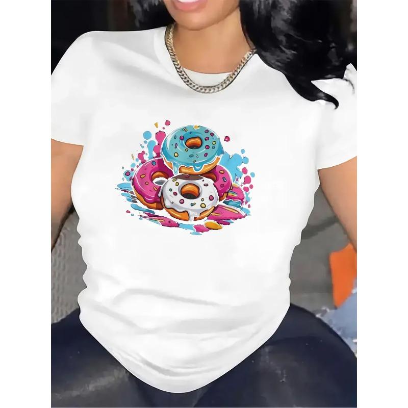 Short Sleeve T-Shirt with Colorful Donut Print, Made of Durable Cotton Fiber, Lightweight and Comfortable for Casual Wear in Kitchen