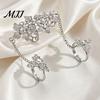 Women Hand Jewelry Rhinestone Flower Link Chain Ring, Bling Floral Leaf Full Finger Ring Dainty with Chain, Adjustable Open Statement for Wedding