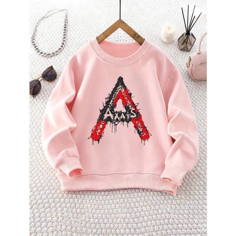 Girls' Round Neck Sweatshirt with Letter A Ink Splatter Print, Casual Top for Weekend Outings and Christmas Outfits