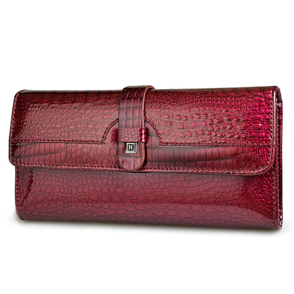 Women Long Wallet Genuine Leather Wallets Red Aligator Pattern Cowhide Purse Three Fold Large Capacity Clutch Wallet Luxury