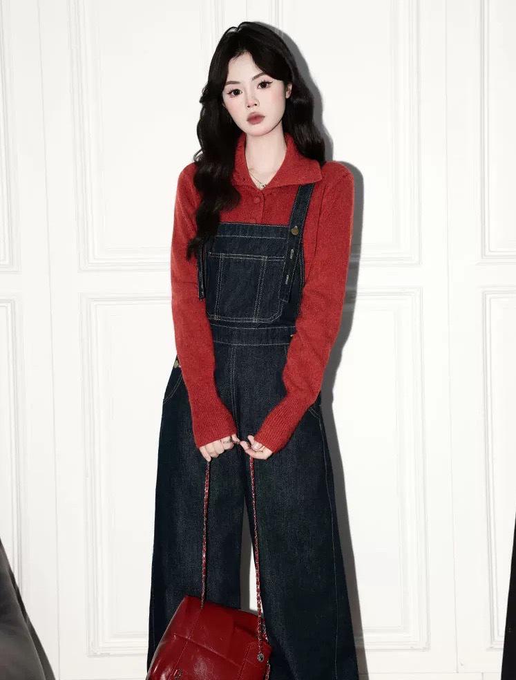Women's Retro Denim Blue High-Waist Wide-Leg Overalls - Spring/Autumn 2026 Collection