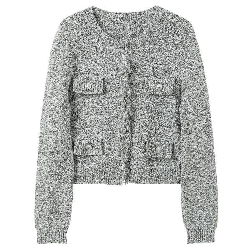 SANCITY Women's Round Neck Raw Edge Knit Cardigan