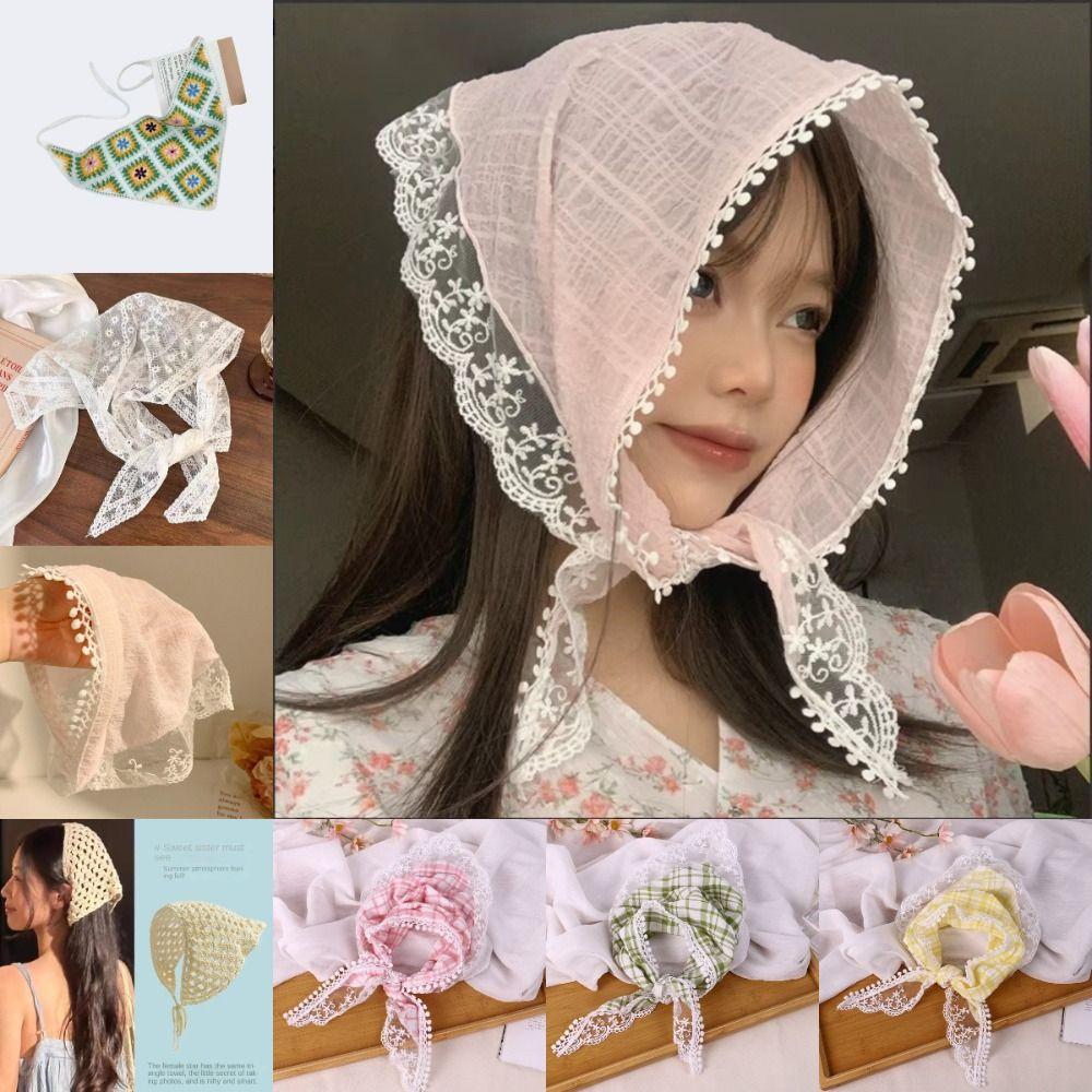 Multicolor Lace Hair Scarf French Pastoral Style Crochet Triangle Headscarf  Spring Outing