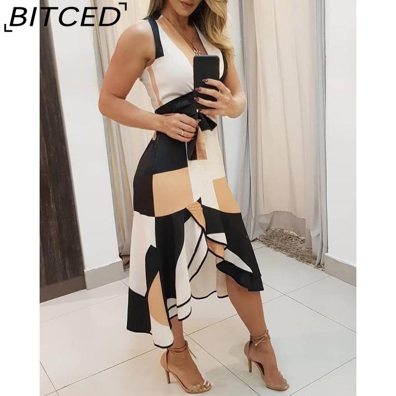 

BITCED Нова мода Жіноча сукня-майка без рукавів з V-подібним вирізом та барвистим принтом S жовтий