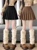 Coffee Maillard Suede A-line Pleated Skirt - Women's Autumn/Winter Petite Leather-look Skirt
