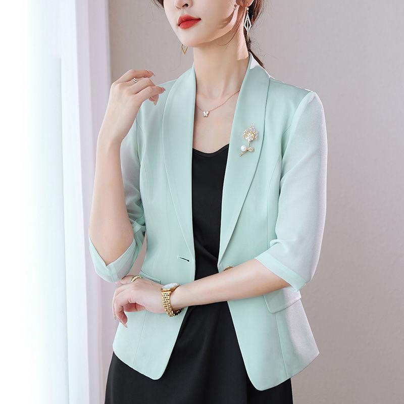 Women's Summer Korean New Chiffon Small Suit Coat Fashion Candy Button Panel Lightweight Breathable Versatile 3/4 Sleeve Coat