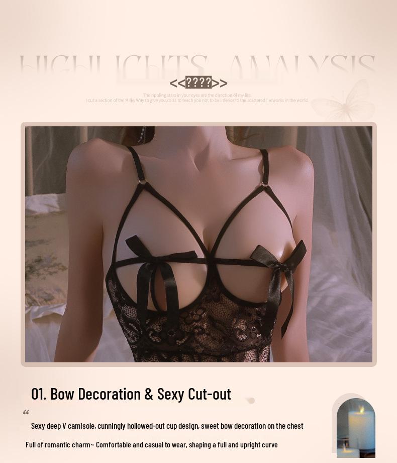 Man Yan Sensual Lace Crotchless Bodysuit with Bowknot - Women's Sexy See-through Cutout Lingerie