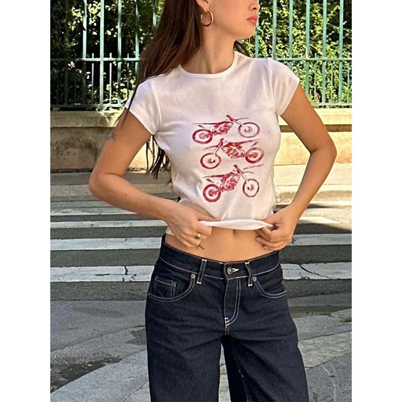 Summer 2025 American Motorcycle Young Adult Motorcycle Print Short-Sleeved T-shirt Female Cotton Round Neck Half Sleeve Tops Tide