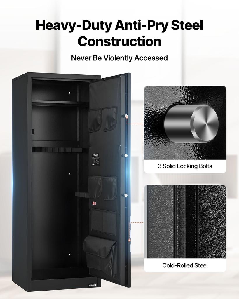 VEVOR 10-12 Gun Safe, Long Gun Cabinet for Rifles and Pistols, Quick Access Rifle Safe with 4 Pistol Pockets and 3 Adjustable Racks