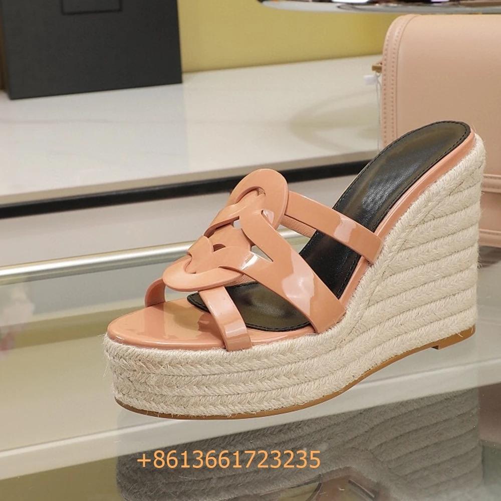 Fashion Corss Strap Patent Leather Platform Women Sandals Wedges Espadrilles Slip On Fashion Heels Open Toe 2025 Summer Newest Slides