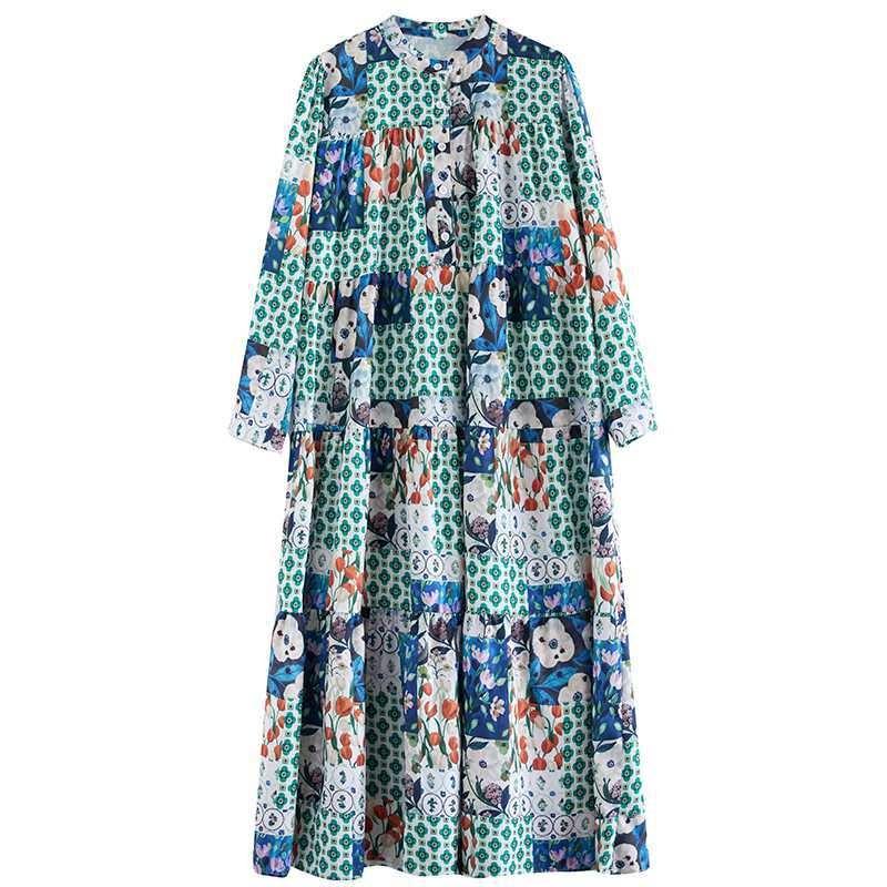 New Large Size Loose Thin Fashion Long-sleeved Printed Mid-length Dresses
