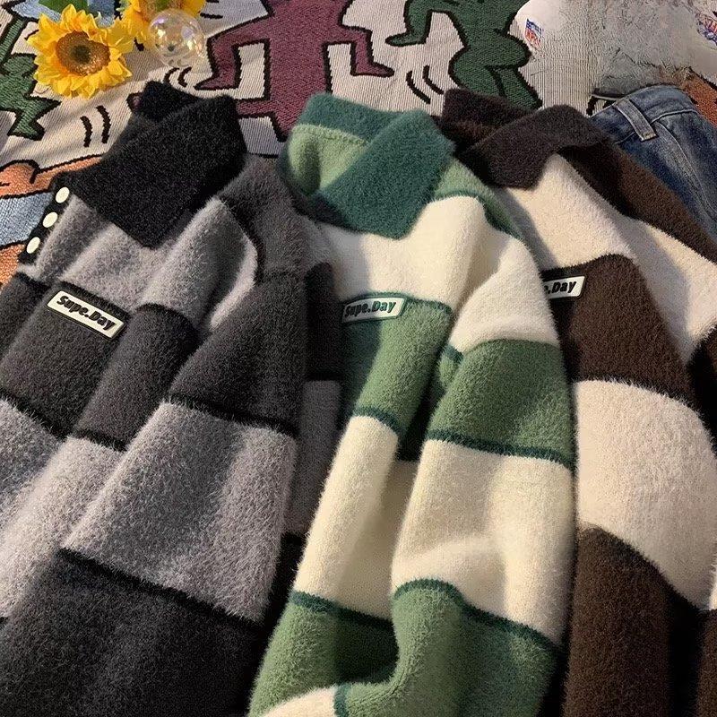 Pánský pruhovaný svetr s polokošilí – Trendy japonský vysokoškolský styl, silný a hřejivý na podzim a zimu.