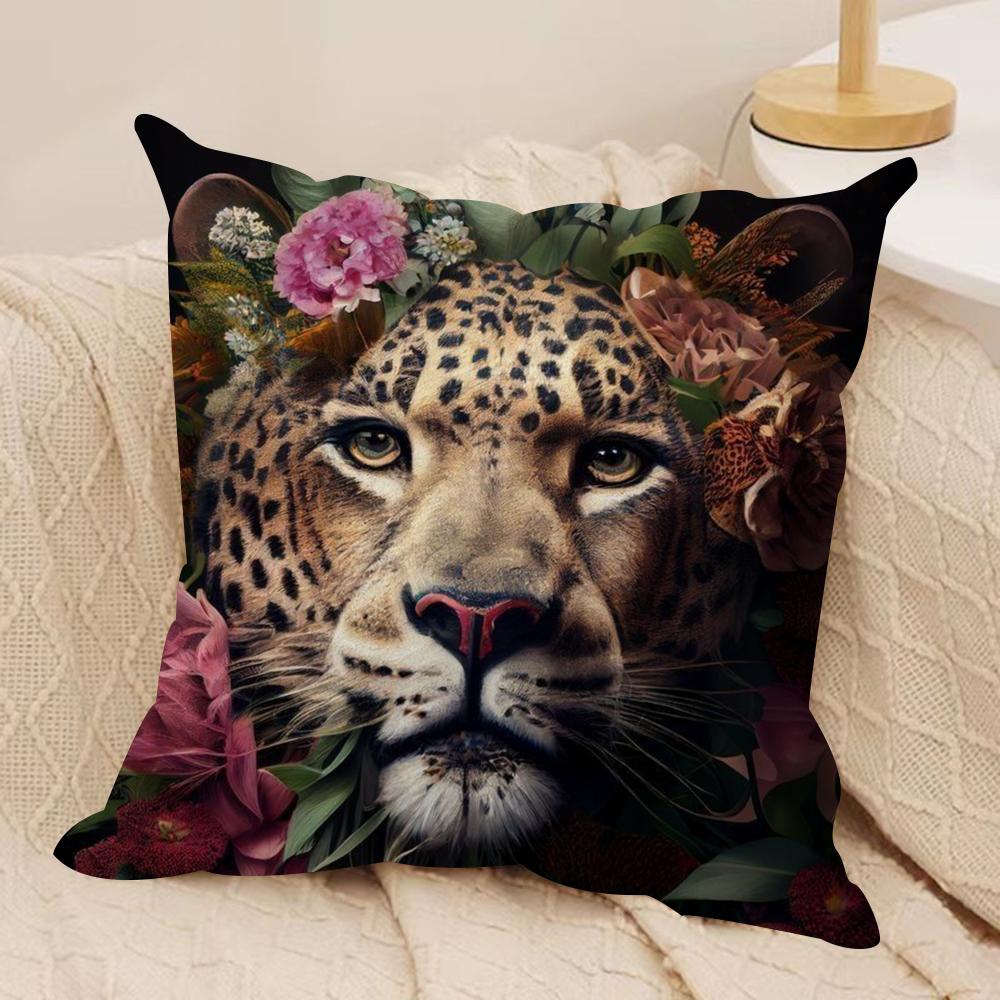 Uropean Fashion Leopard With Wreath Animal Portrait Cushion Cover Soft Plush Throw Pillow Cover  Cushion Case  Sofa Home Decor