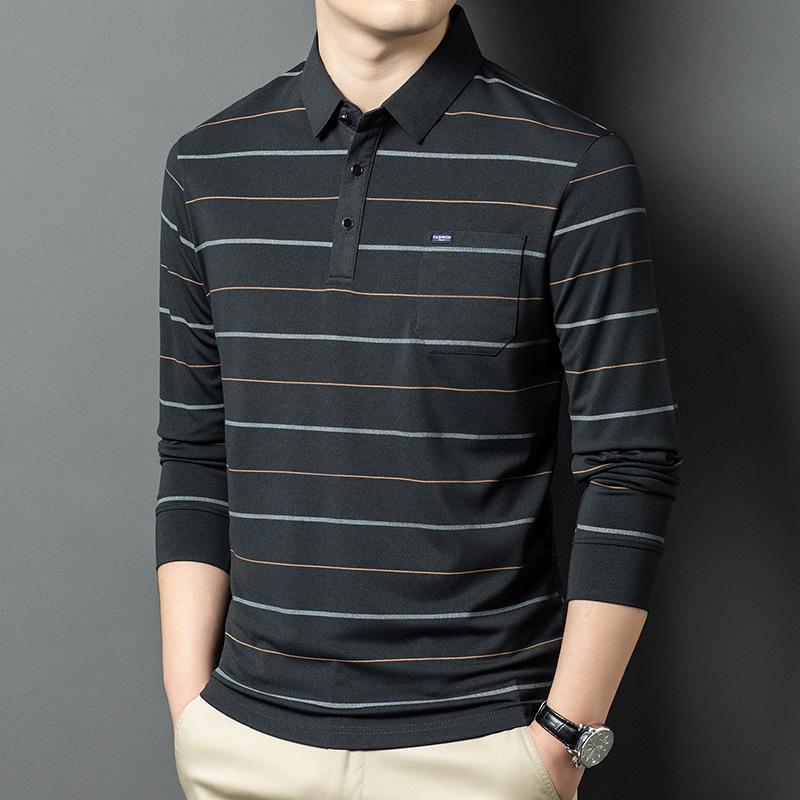 Polo pentru bărbați de afaceri cu buzunar real, cu guler, mânecă lungă, cu dungi în partea inferioară