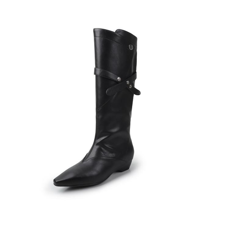 Leather low-heeled pointed boots women's 2025 autumn and winter retro pleated stacking boots versatile comfortable knight boots