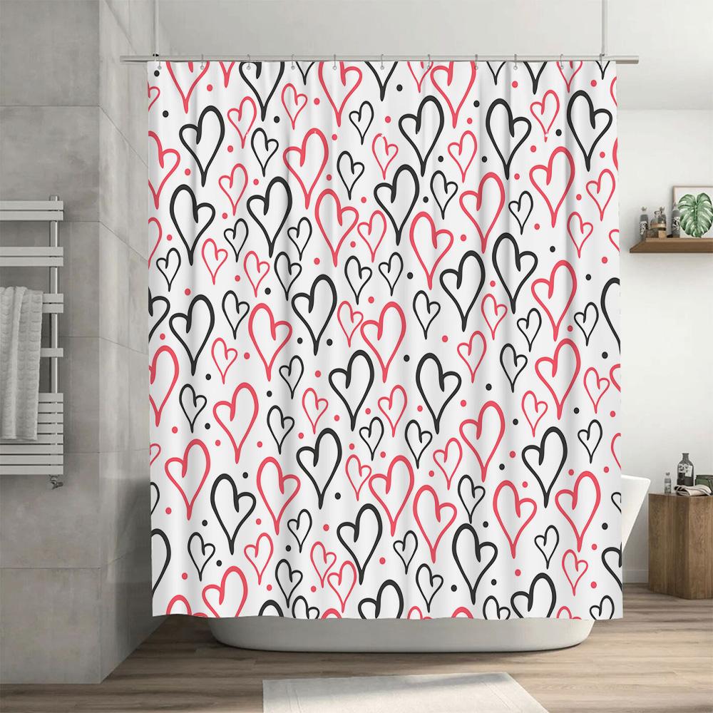 Pink Black Heart Shower Curtain Bathroom Decor Waterproof Fabric Print Home Decoration (B)