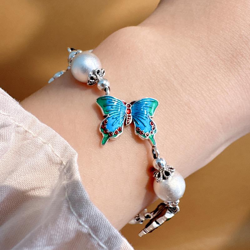 999 Foot Silver Three Butterfly Bracelet Versatile New Chinese Burnt Blue Craft Gram Adjustment Women's Accessories Original Design